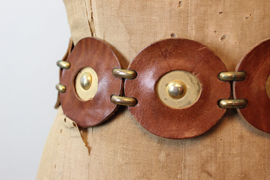 1970s LEATHER and BRASS studded circle belt xs | new spring