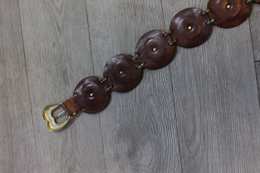 1970s LEATHER and BRASS studded circle belt xs | new spring