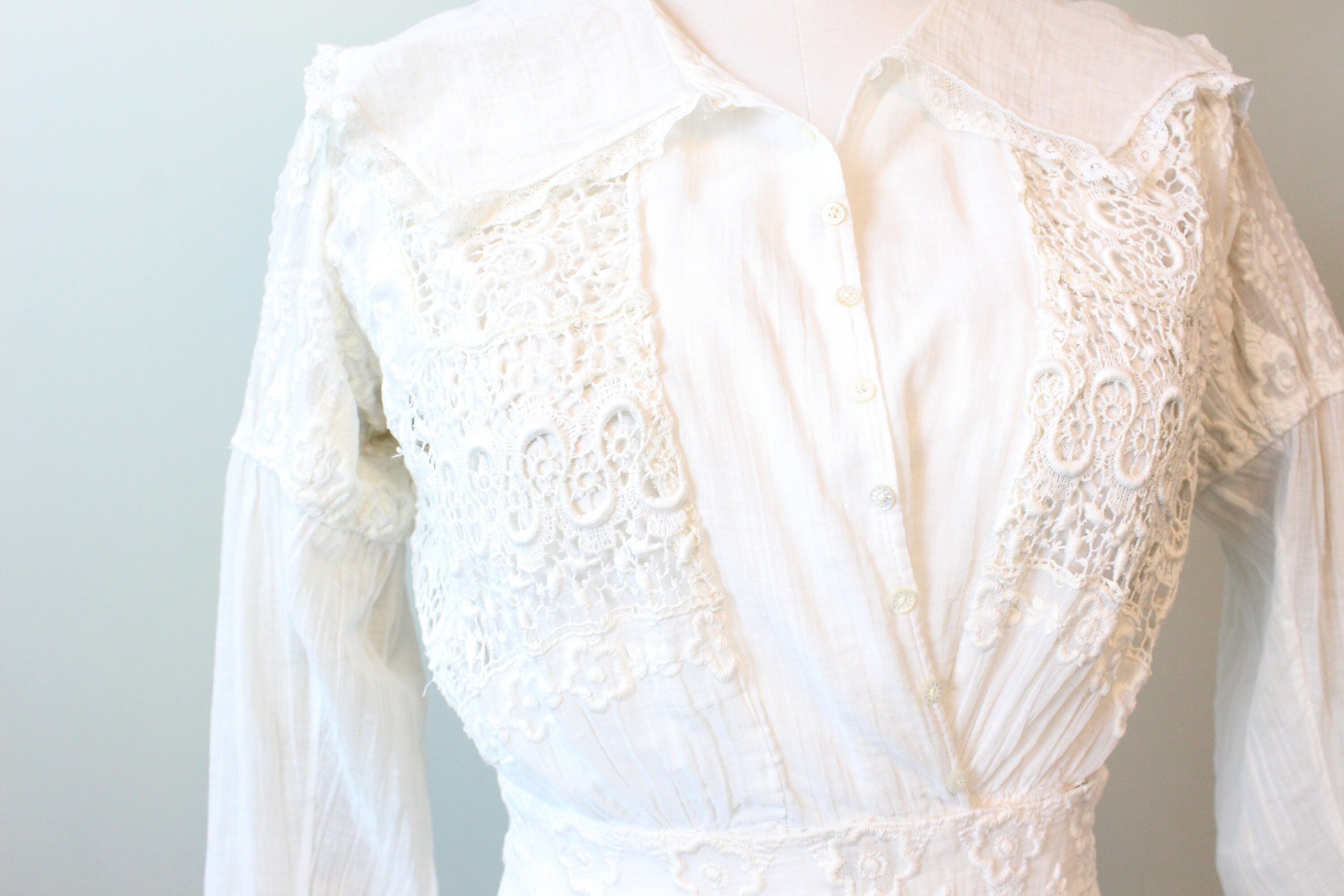 1910 Antique Cotton Lace Edwardian Lingerie Dress Xs
