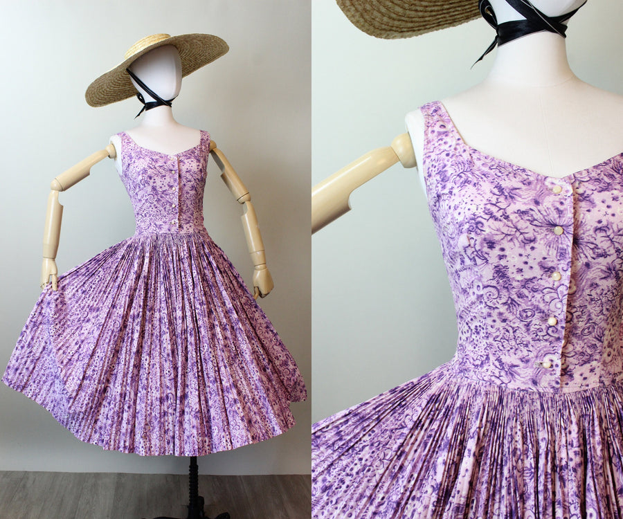 1950s 1955 documented PAT HARTLEY COTTON purple dress xs | new spring