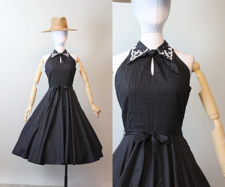 1950s HALTER cotton BEADED collar sun dress xs  | new spring