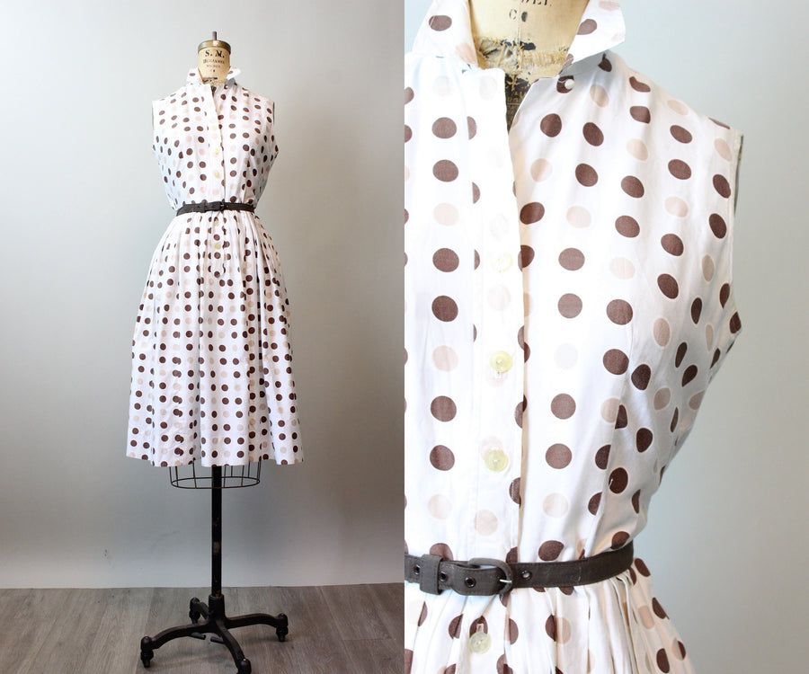 1950s POLKA DOT cotton shirt dress small | new spring
