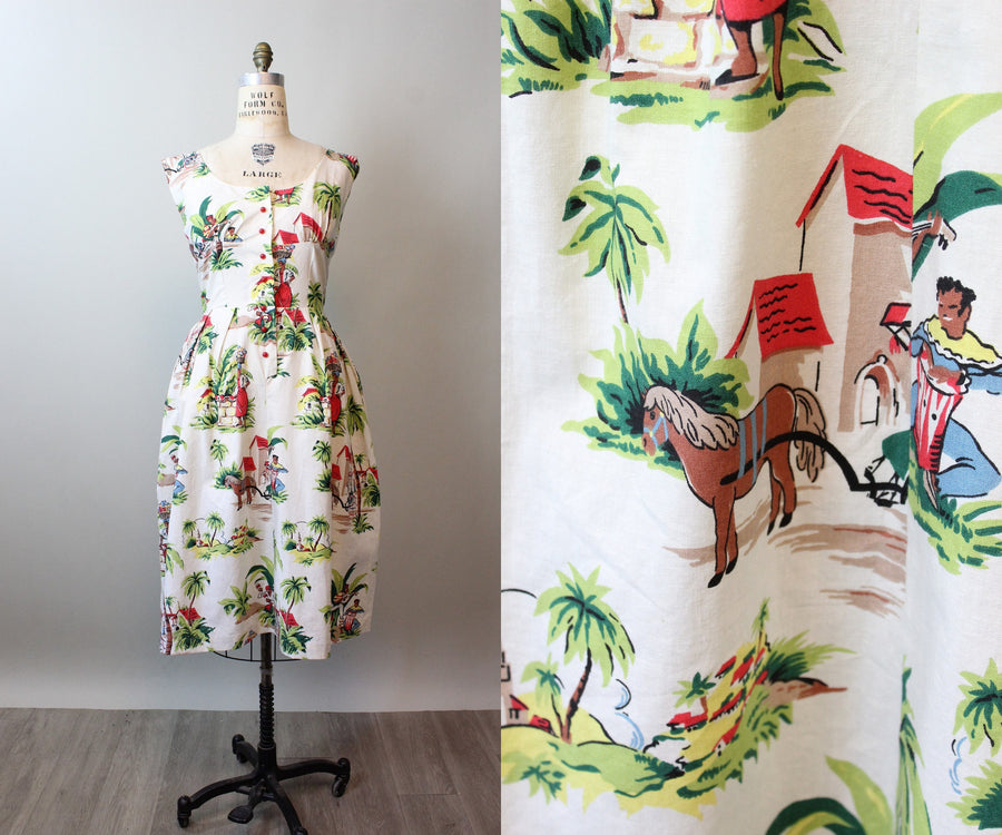 1950s NOVELTY PRINT tropical COTTON dress large | new spring