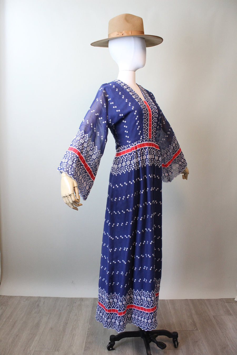 1970s EMBROIDERED bell sleeves cotton maxi dress xs | new spring