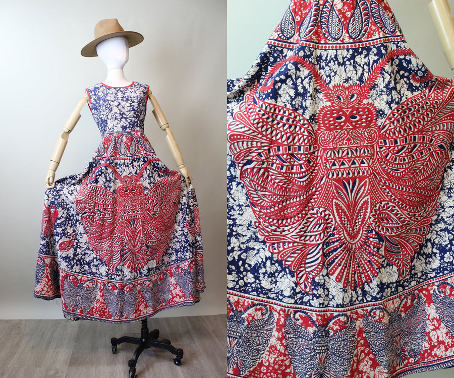 1970s cotton MOTH PRINT batik maxi dress small medium | new spring