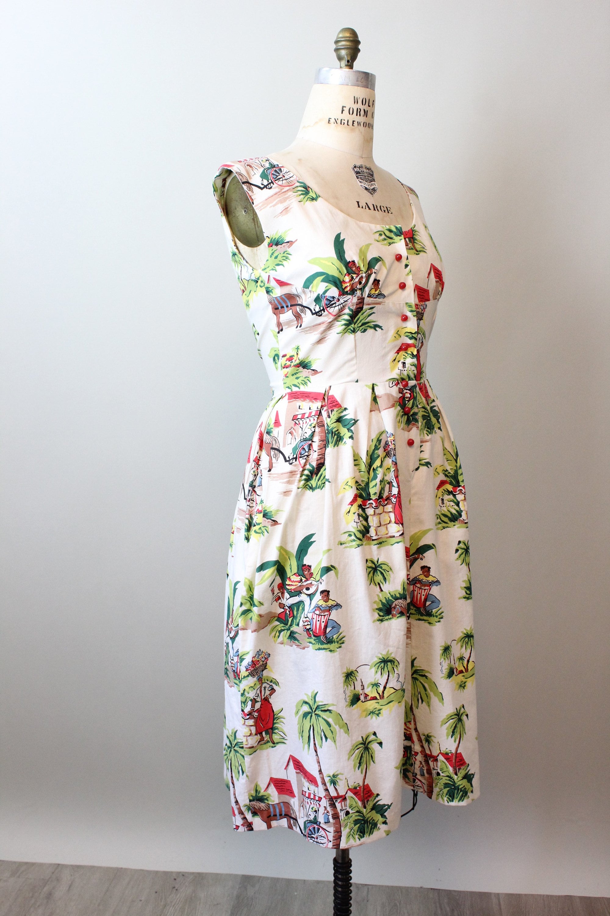 XL 1950s Novelty Print Cotton Day Dress Shirtwaist