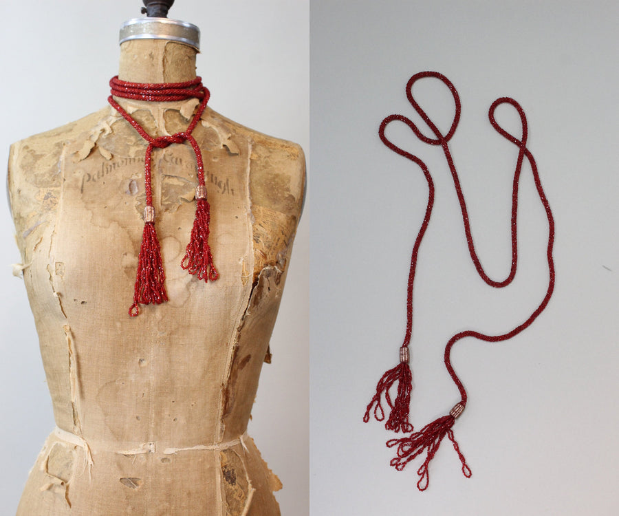 1920s GARNET beaded SAUTOIR tassel necklace | new fall