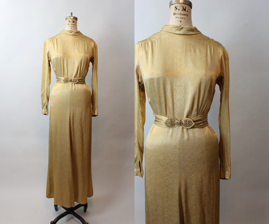 1930s GOLD GODDESS belted dress gown small | new fall
