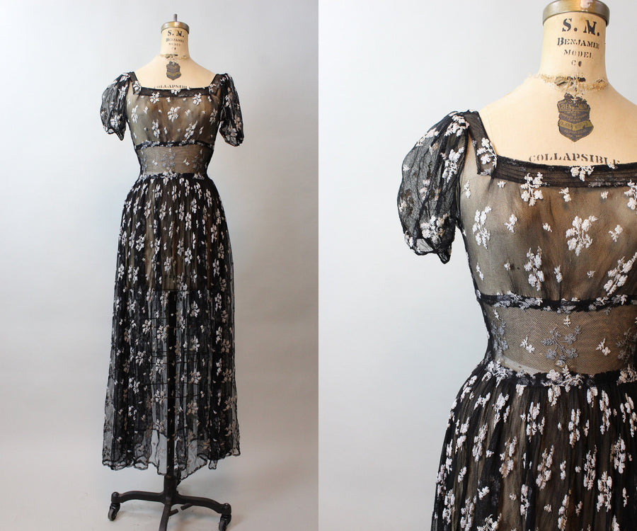 1930s EMBROIDERED mesh puff sleeves dress gown xs | new fall