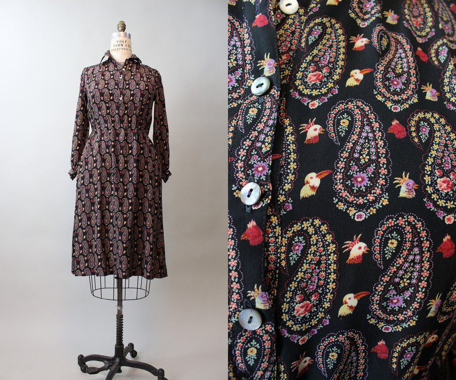 1970s HANAE MORI bird print novelty dress small medium | new fall