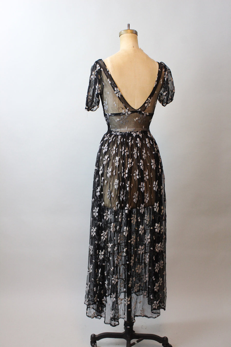 1930s EMBROIDERED mesh puff sleeves dress gown xs | new fall