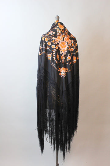 1920s RARE PUMPKIN ROSES piano scarf fringe embroidered | new fall