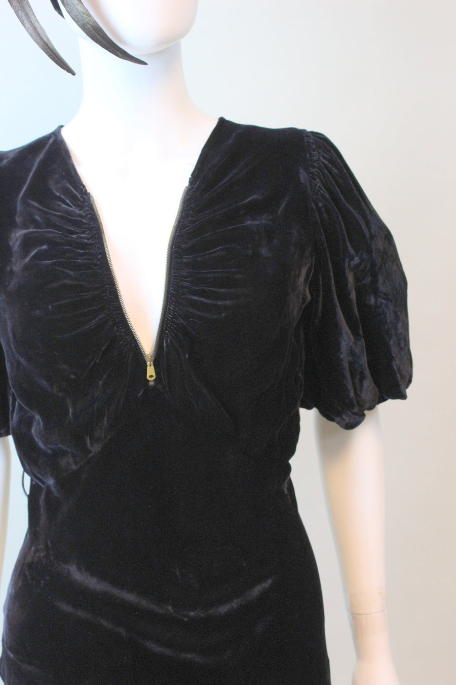 1930s ZIPPER front puff sleeves silk VELVET dress xs | new fall