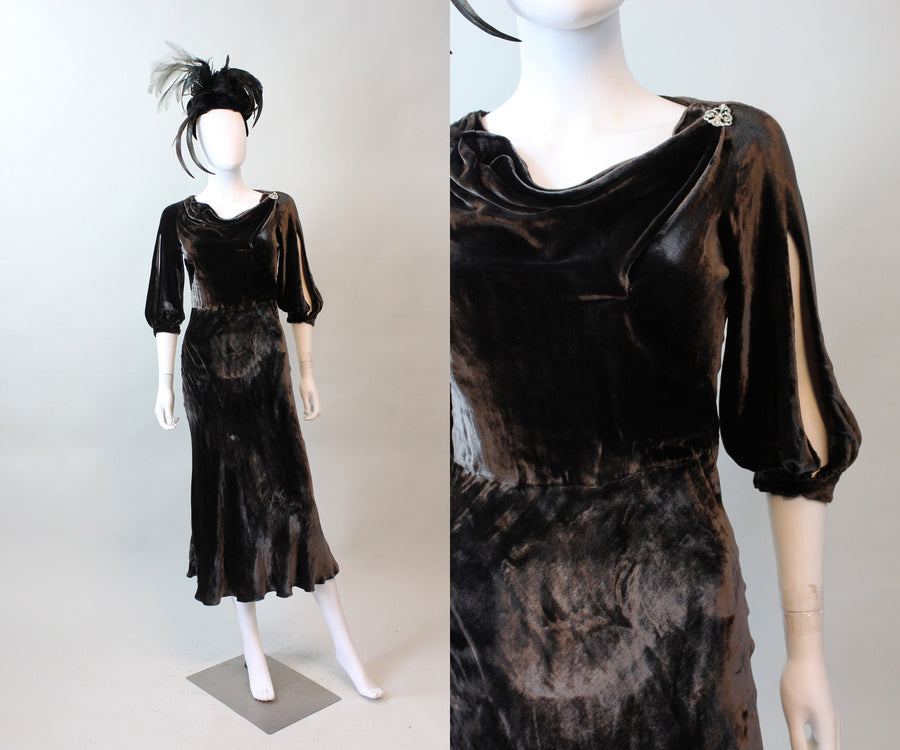 1930s CHOCOLATE silk velvet OPEN SLEEVES dress small | new fall