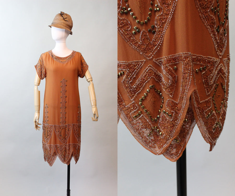1920s rare PUMPKIN beaded GOLD STUD dress xs small | new fall Napa Valley Vintage 1920s rare PUMPKIN beaded GOLD STUD dress xs small | new fall Napa Valley Vintage