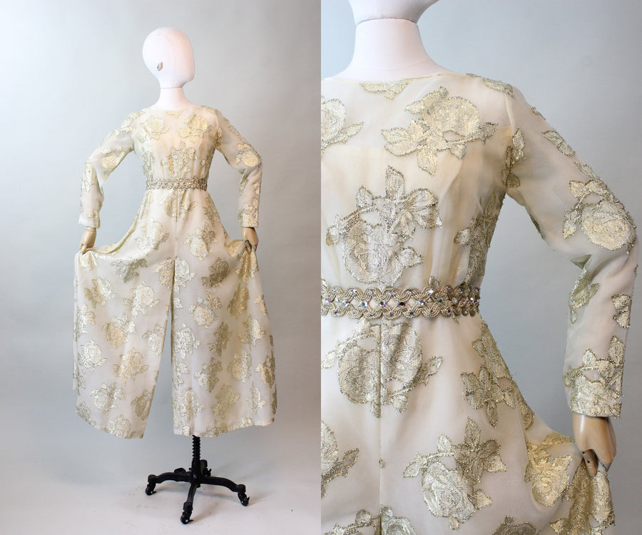 1960s GOLD ROSES LUREX jumpsuit palazzo xs | new fall