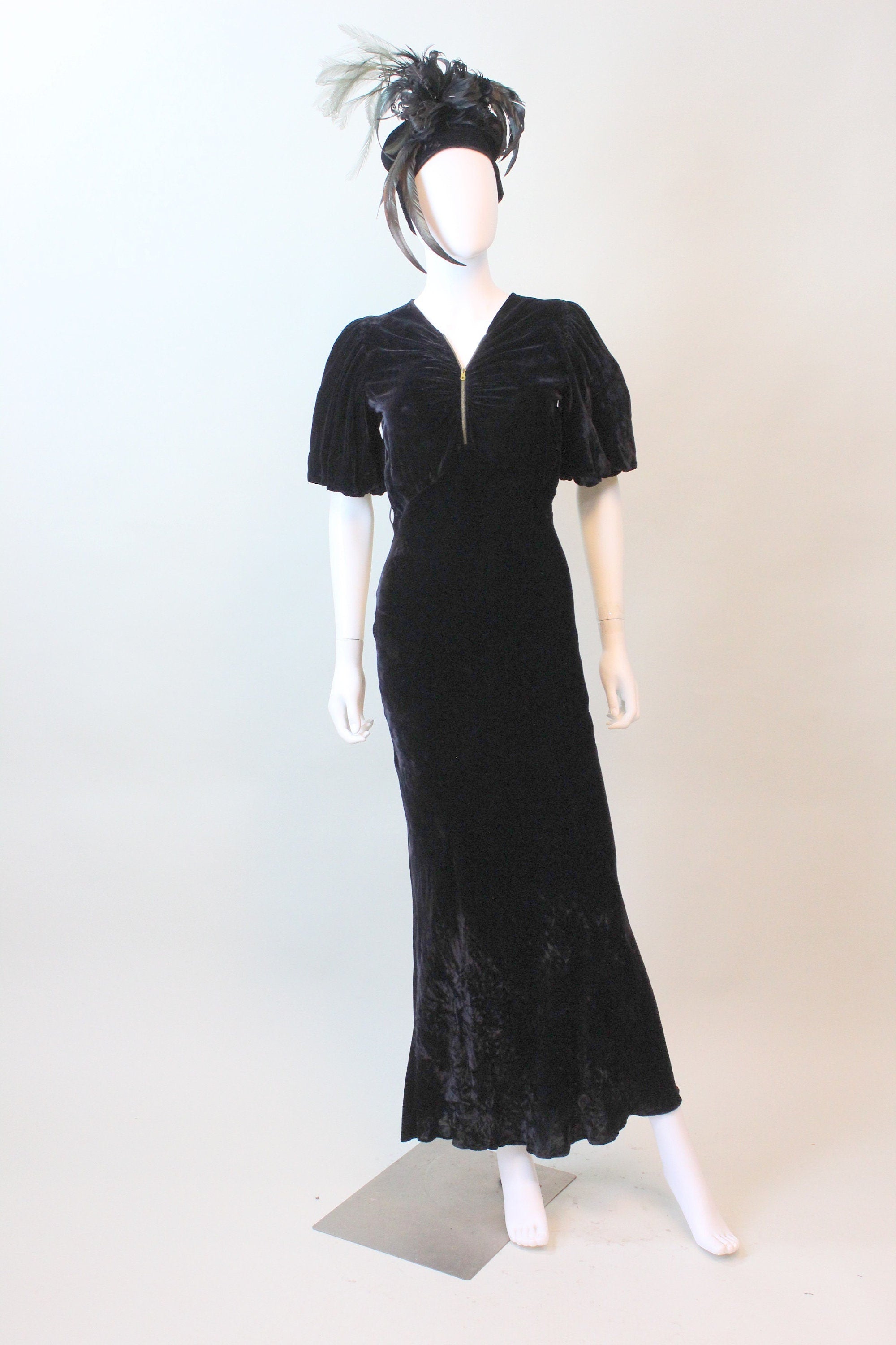 1930s ZIPPER front puff sleeves silk VELVET dress xs | New fall 1930s ZIPPER front puff sleeves silk VELVET dress xs | New fall