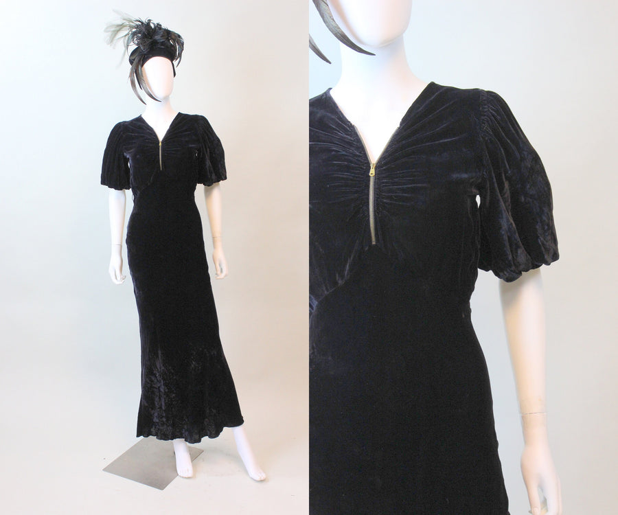 1930s ZIPPER front puff sleeves silk VELVET dress xs | new fall