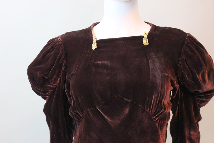 1930s LEG O MUTTON sleeves velvet dress small medium | new fall