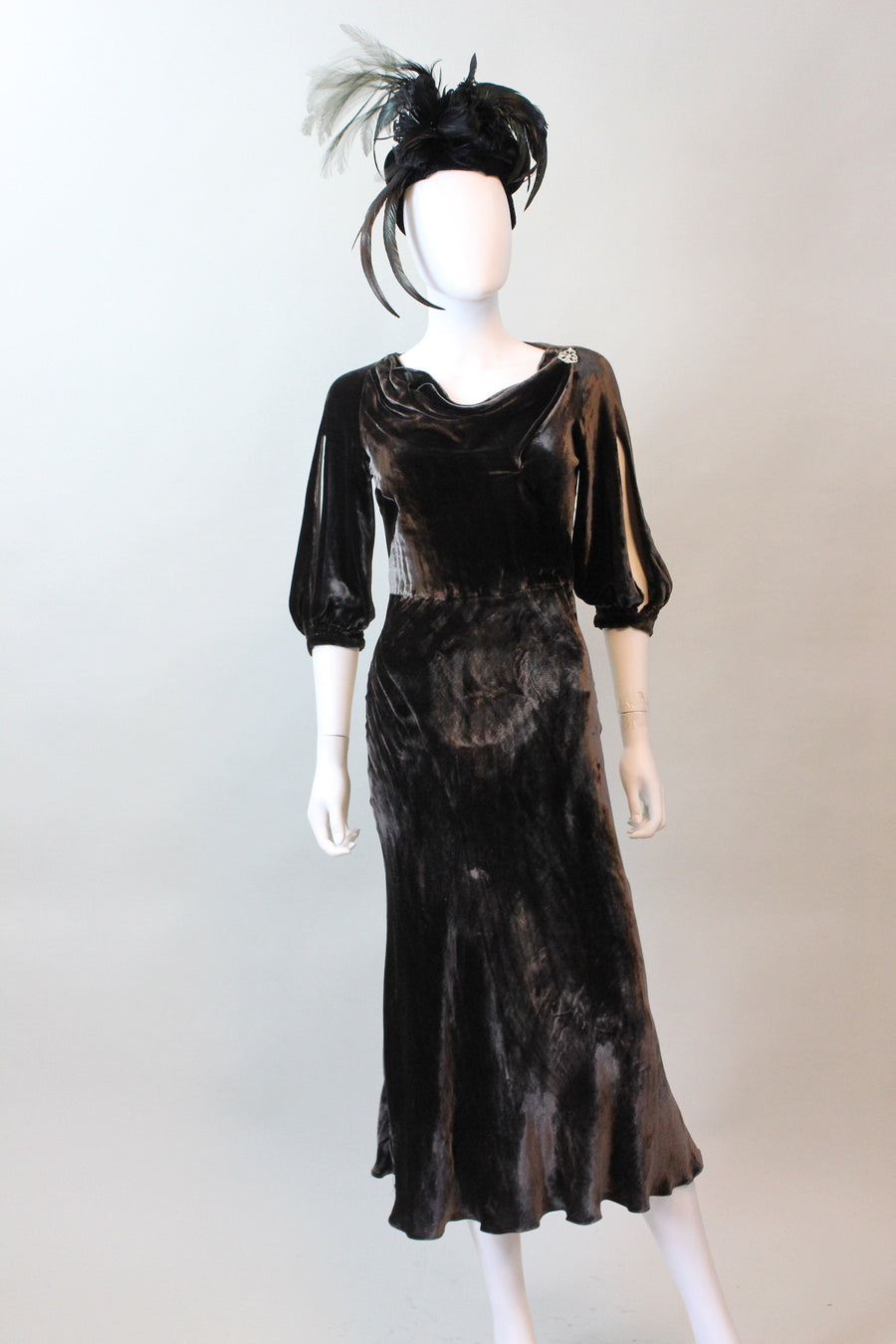 1930s CHOCOLATE silk velvet OPEN SLEEVES dress small | new fall