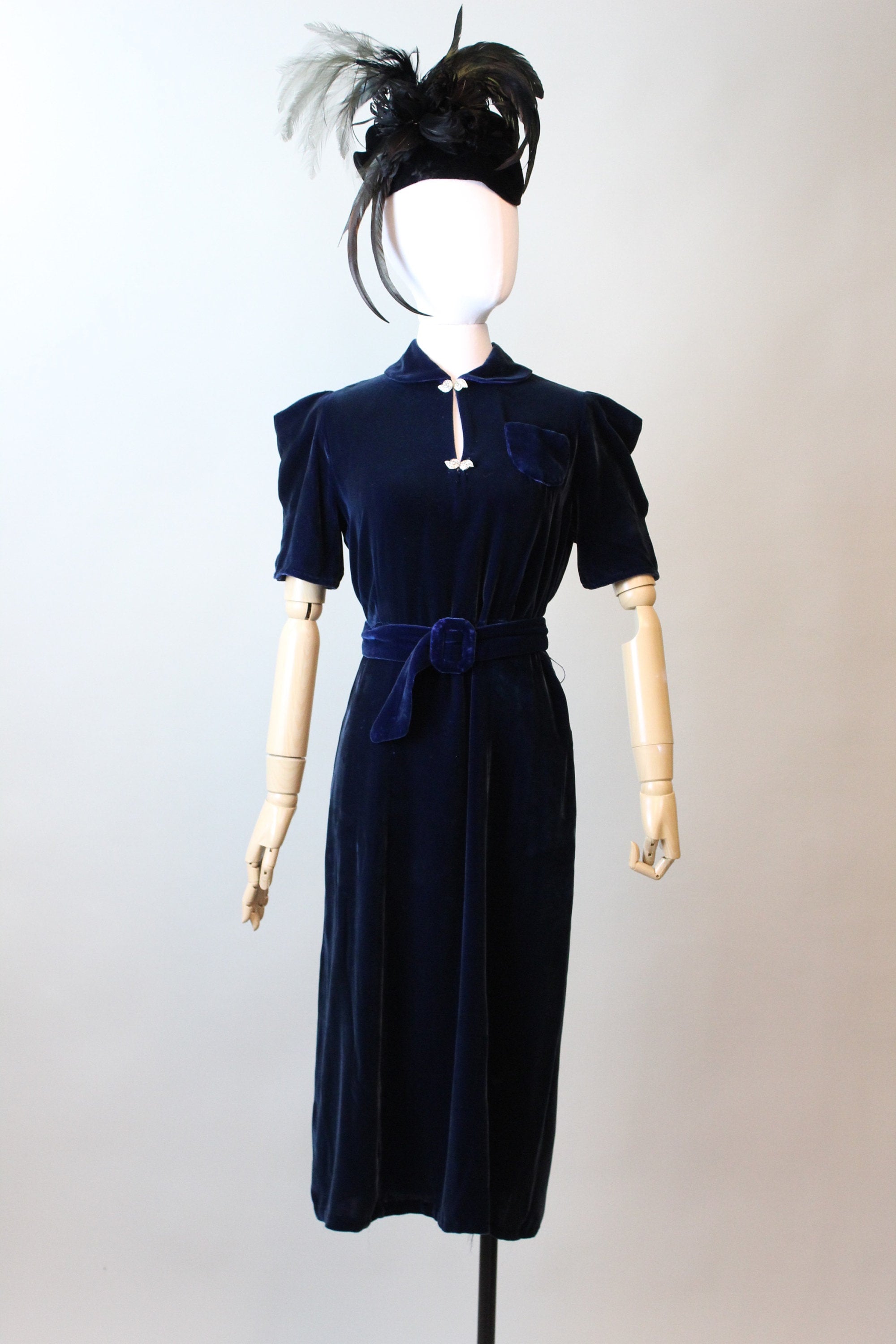 vintage blue velvet dress 1930s PUFF sleeves BLUE silk VELVET dress small medium