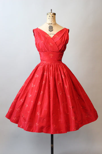 1950s VOGUE embroidered silk taffeta dress xs | new fall