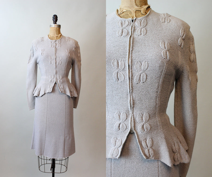 1950s GRAY KNIT skirt and cardigan set small medium | new fall
