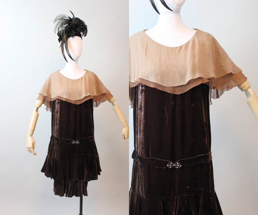 1920s CHOCOLATE CAPE silk velvet dress small | new fall