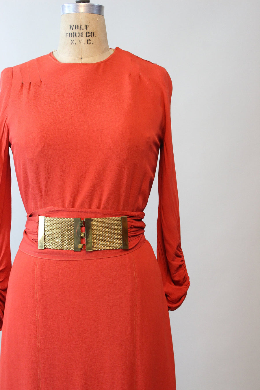 1930s RED RAYON gold buckle belt dress small | new fall