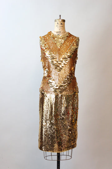 1960s GOLD SEQUIN dress pailettes top skirt set small medium | new fall