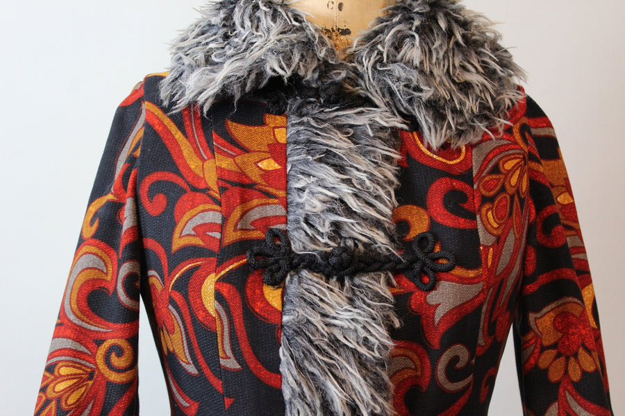 1970s BOHO faux fur tapestry coat xs | new fall