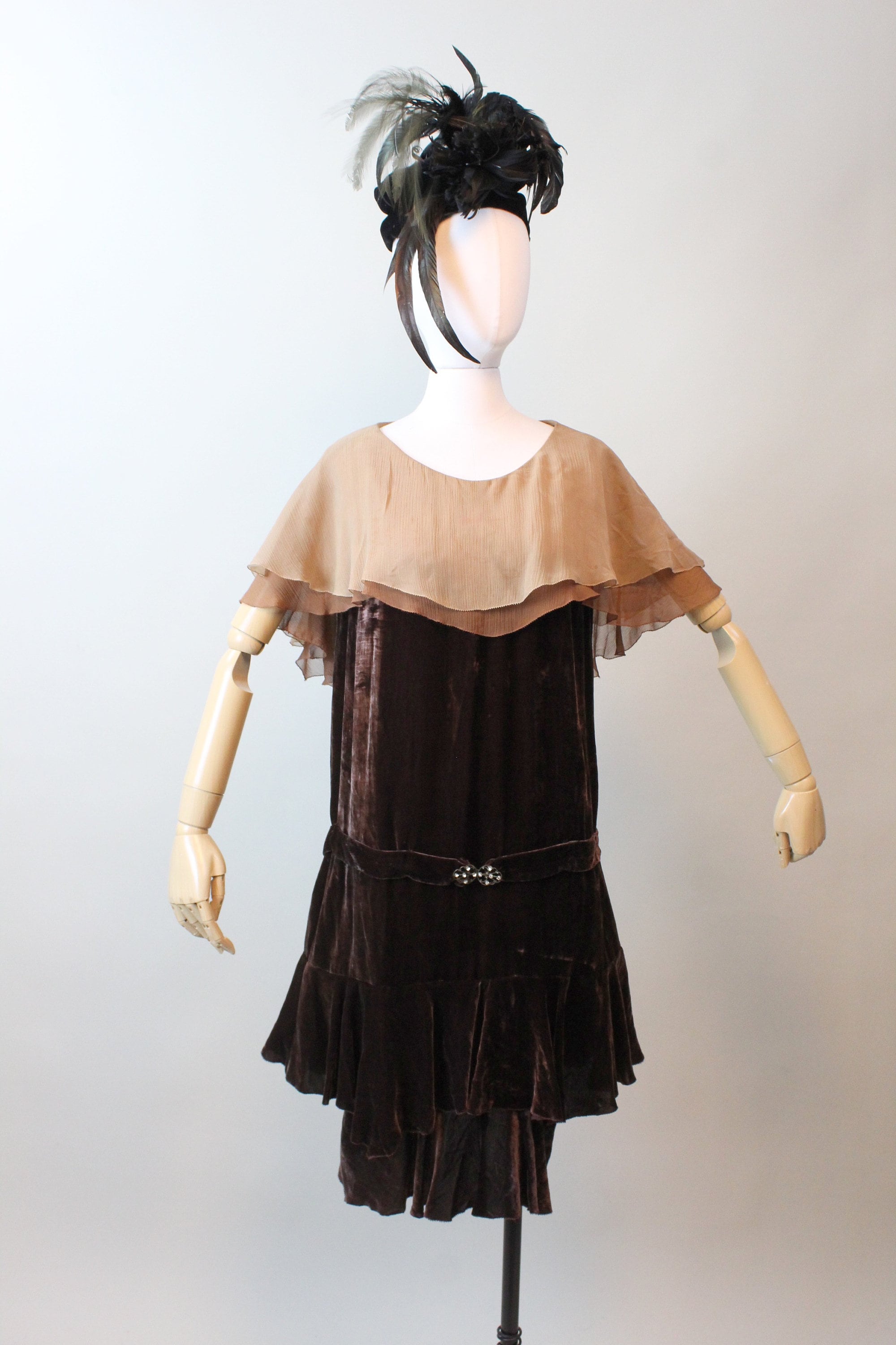 1920s CHOCOLATE CAPE silk velvet dress small