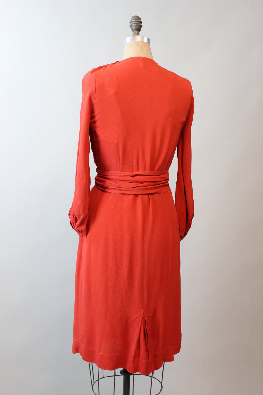 1930s RED RAYON gold buckle belt dress small | new fall