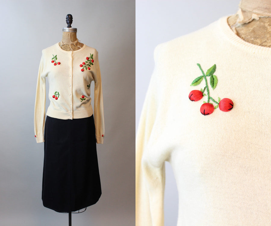 1960s CHERRY 3d embroidered sweater cardigan small medium | new fall