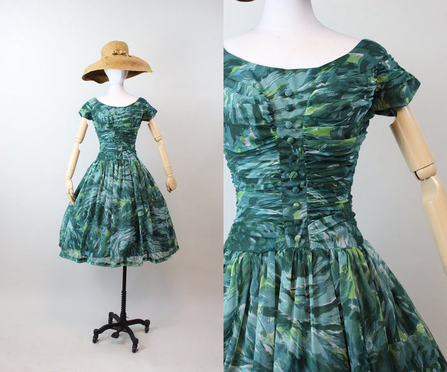 1950s ORGANZA moody print dress xs | new winter
