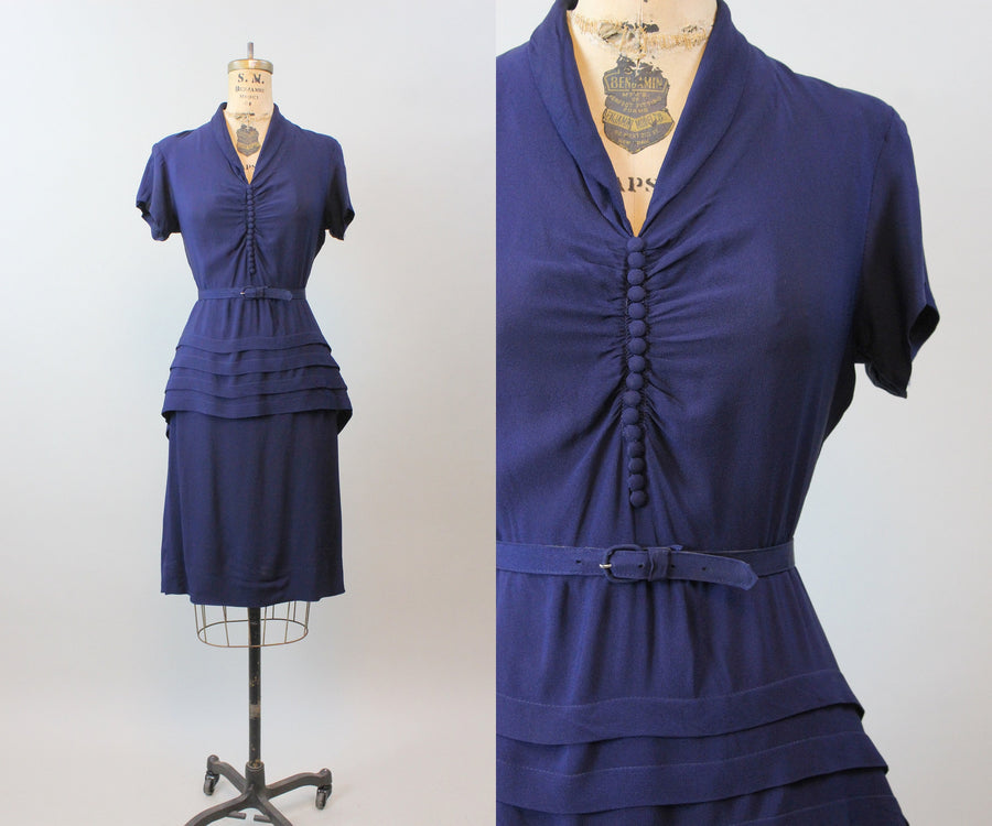 1940s NAVY rayon PEPLUM panel dress small | new winter