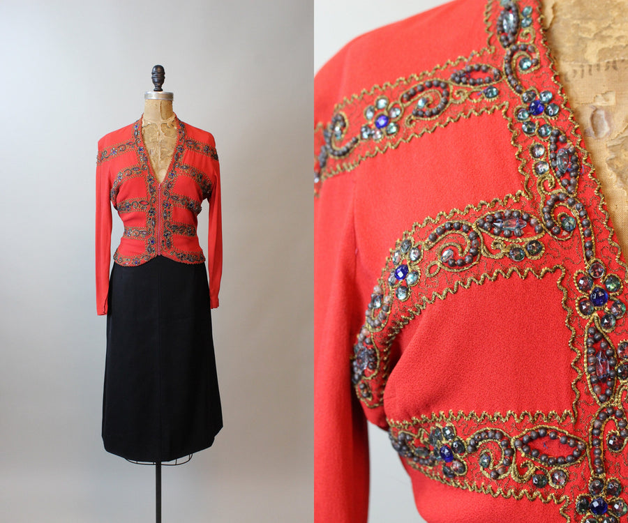 1940s GEM ENCRUSTED rayon jacket top small | new fall