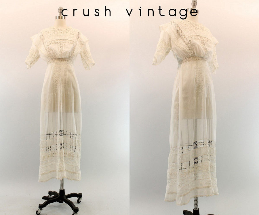 Edwardian Wedding Dress XXS / 1900s Antique Lace Cotton Gown / The Way You Love Me Dress