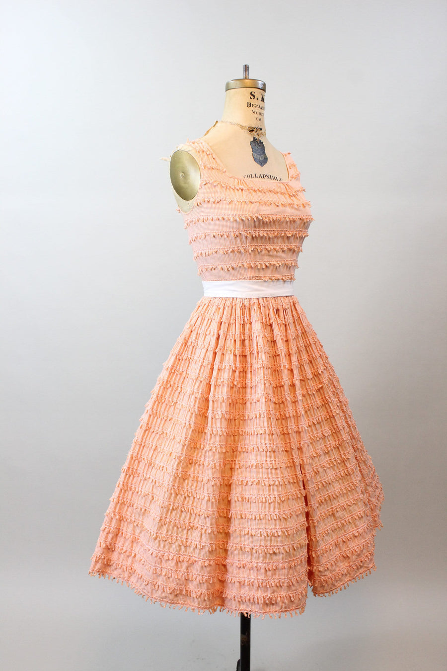 1950s LOOPED GINGHAM cotton print full skirt dress xxs | new spring