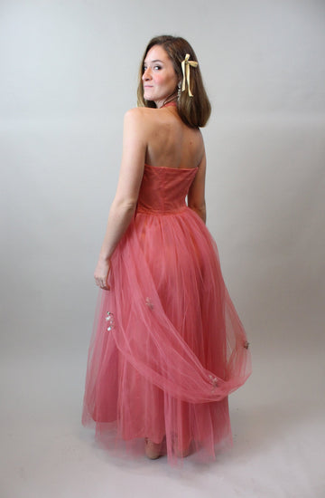1950s CORAL TULLE halter dress xs | new spring