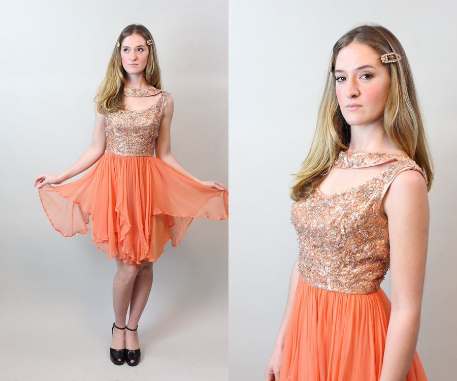 1960s CORAL GEM beaded silk chiffon dress xs