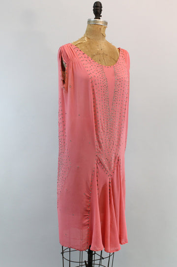 1920s rhinestone silk pink dress small medium | vintage chemise dress