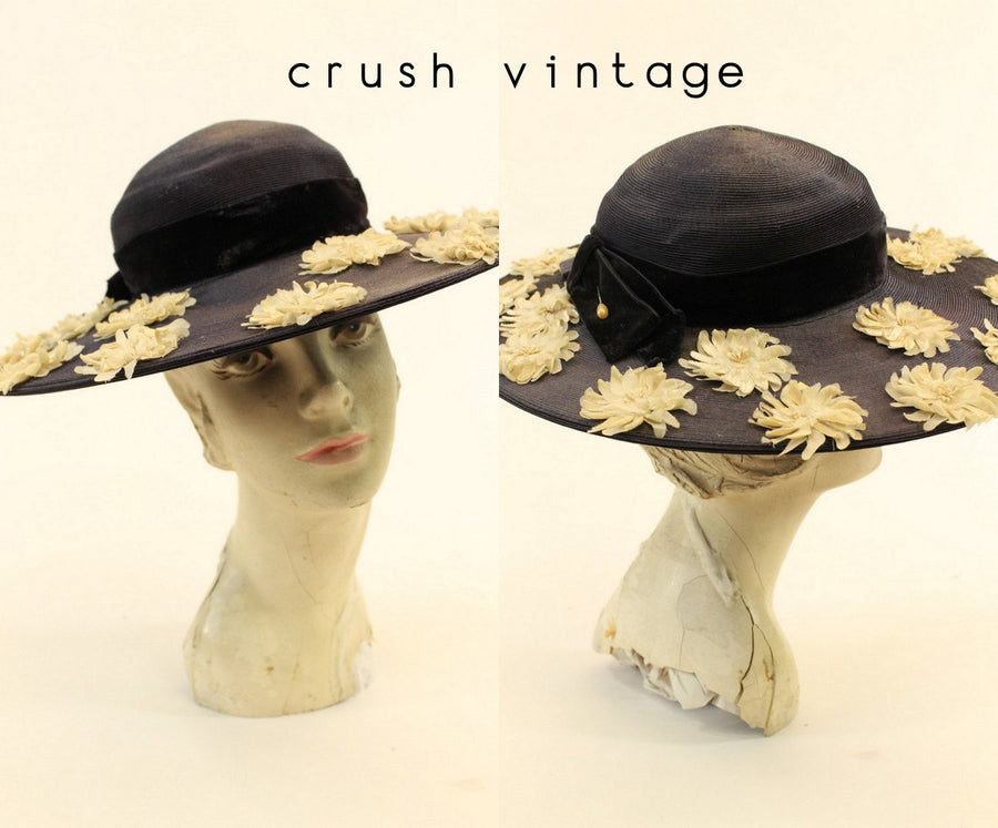 1940s straw picture hat | vintage wide brim sun hat with flowers