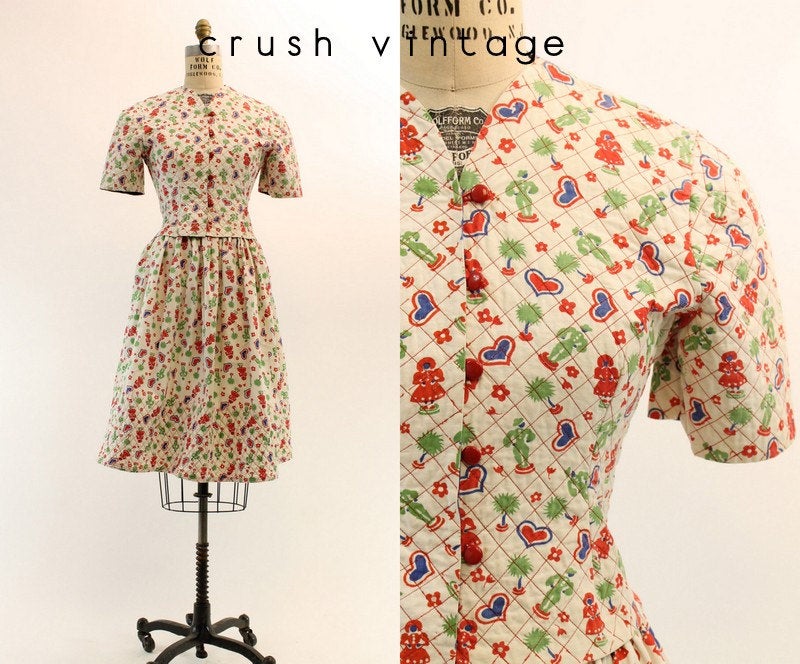 1950s HEART PRINT quilted novelty print top and skirt small | new fall