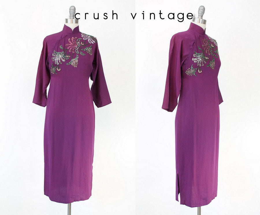 1940s sequin dress cheongsam rayon beaded qi pao small | new fall