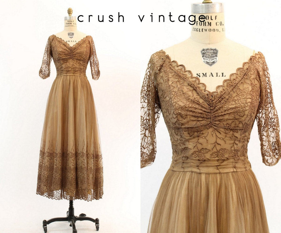 1950s nude lace dress small  | vintage lace gown | new in