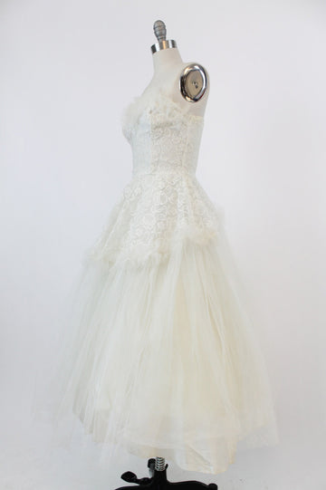 50s Wedding Dress XS / 1950s Vintage Dress Lace Tulle Strapless Gown / Midnight Gardenia Dress